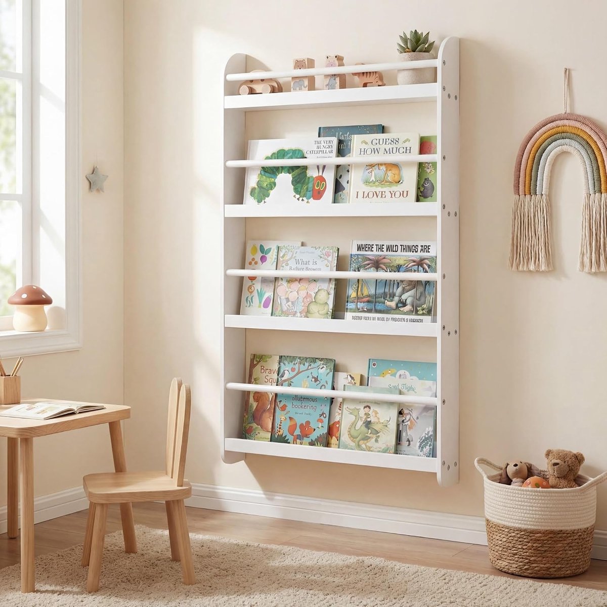 KOMFOTTEU Kinderboekenplank - wandplank met 4 vakken - ruimtebesparende wandplank - houten Montessori-speelgoedplank - kinderboekenkast voor kinderkamers & speelkamers - 56 x 12 x 107 cm