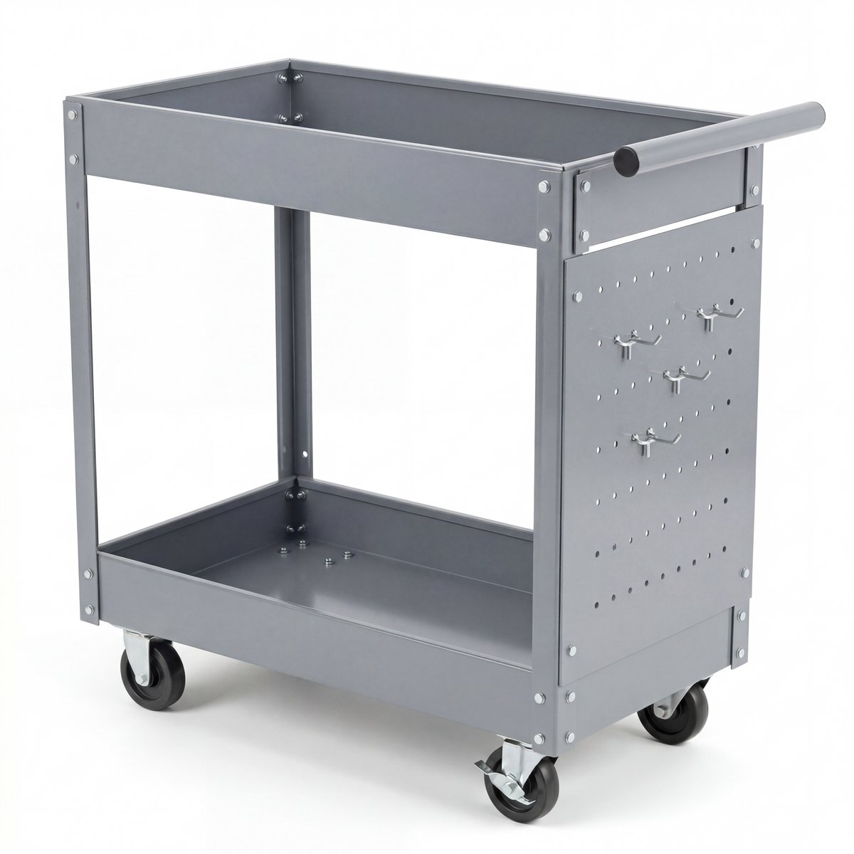 HoerFuriy - Zware‑Duty Gereedschapswagen Met 2 Legplanken - Met Zwenkwielen En Remmen - Metalen Transportwagen Voor Garage, Werkplaats En Magazijn - Gatenbord - 4 Haken - Grijs