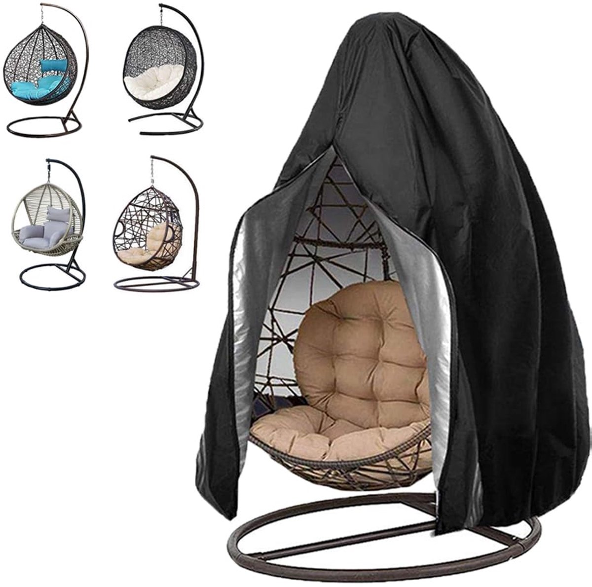 Egg Chair Hoes - 115x190 cm – Waterdichte Beschermhoes voor Hangstoel – 420D Polyester – Winddicht met Gespen – Inclusief Opbergtas – Zwart – Zonder Rits