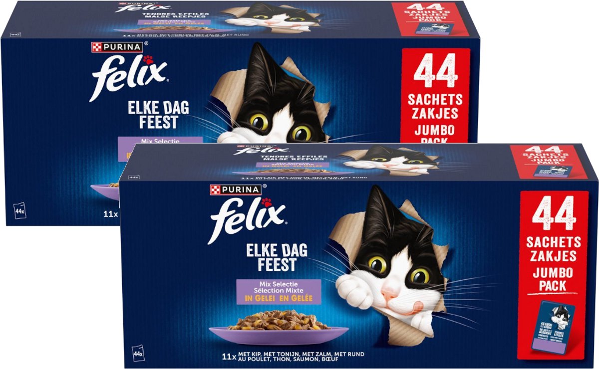 Felix Felix Elke Dag Feest Mix Selectie In Gelei Jumbo Pack - Multipack - Katten Natvoer - 7480g (2x44x85g)