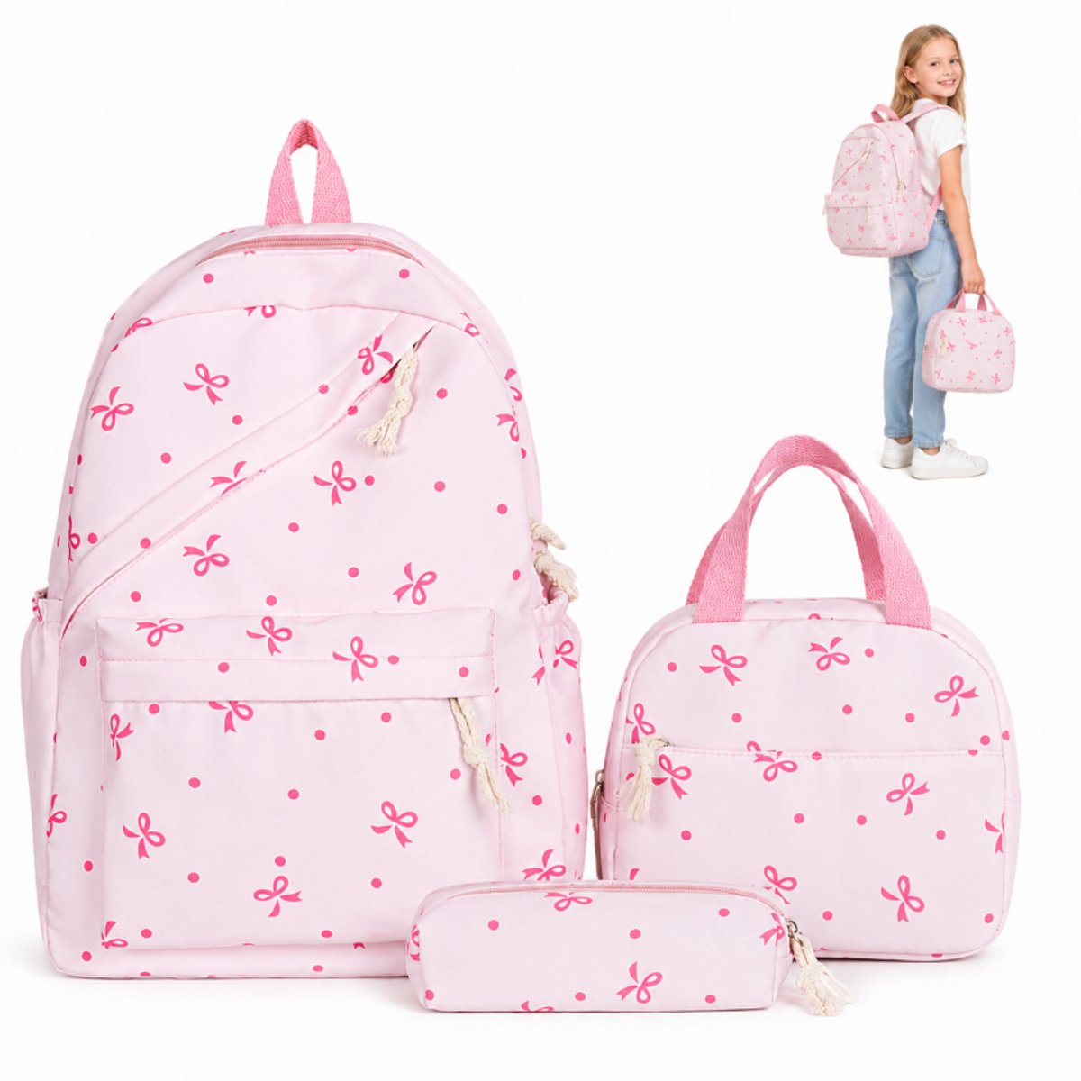 Bobypet - Meisjes School Rugzak Set - 3-Delige Set met Lunchtas en Etui - Strikje Rugzak voor Laptop 15.6 Inch - Waterdichte Boekentas voor Meisjes en Tieners - roze