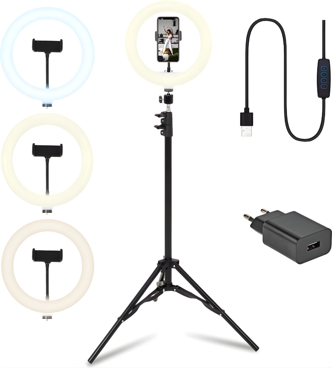 Lìon® Ringlamp - Ringlamp Met Statief - Ring Light - Zwart - 26cm x 26cm x 186cm