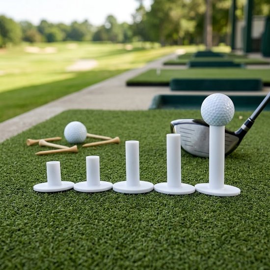 Witte rubberen golf tees set 5 delig – golf tees voor oefenmat en driving range – verschillende hoogtes – duurzame golf tee set – geschikt voor binnen en buiten golftraining — afbeelding 2