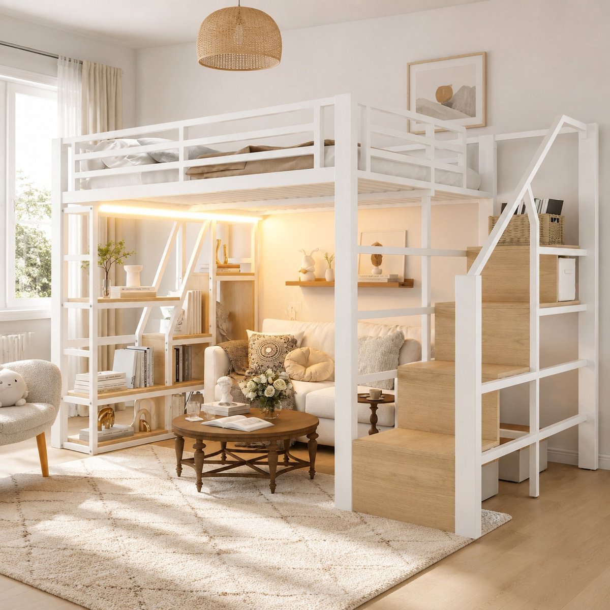 REDOM - Hoogslaper met opbergruimte - Met geïntegreerde trap en uitvalbeveiliging - Met LED-verlichting - Voor kinderen - Metaal en MDF - Wit - 140 x 200 cm