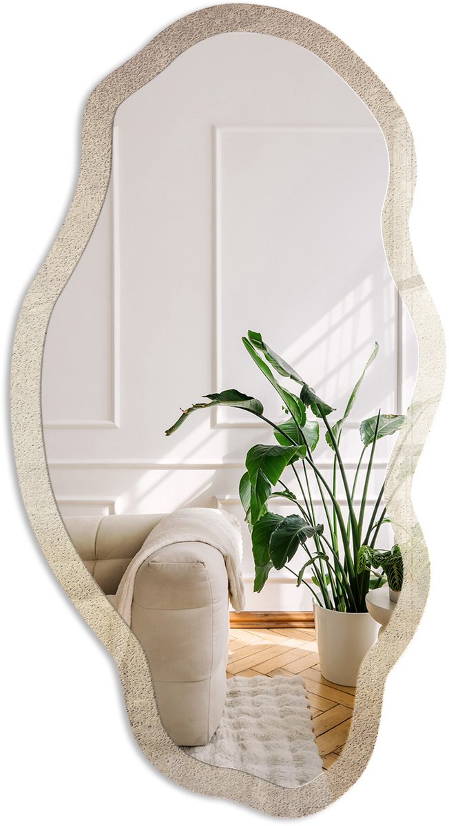 Coloray Warme Achtergrond Spiegel - Beige Elegante Rechthoekige Wandspiegel - Organische Spiegel - Woonkamer - Minimalistisch - 45x90 cm - Totale afmeting 52x97 cm