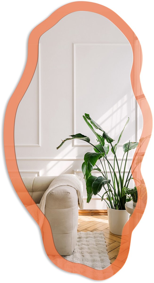Coloray Sterk Oranje Spiegel - Oranje Stijlvolle Wandspiegel - Organische Spiegel - Slaapkamer, Woonkamer, Kantoor - Minimalistisch - 45x90 cm - Totale afmeting 52x97 cm