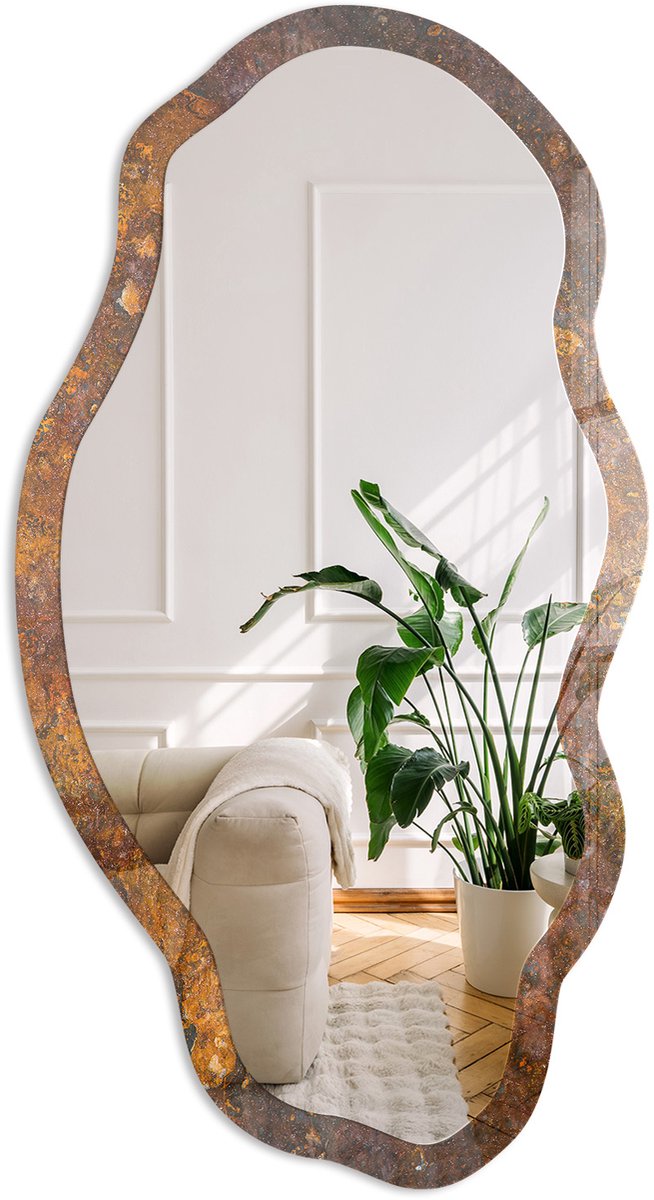 Coloray Roestige Textuur Spiegel - Oranje Stijlvolle Wandspiegel - Organische Spiegel - Woonkamer, Kantoor - Industrieel / Loft - 45x90 cm - Totale afmeting 52x97 cm