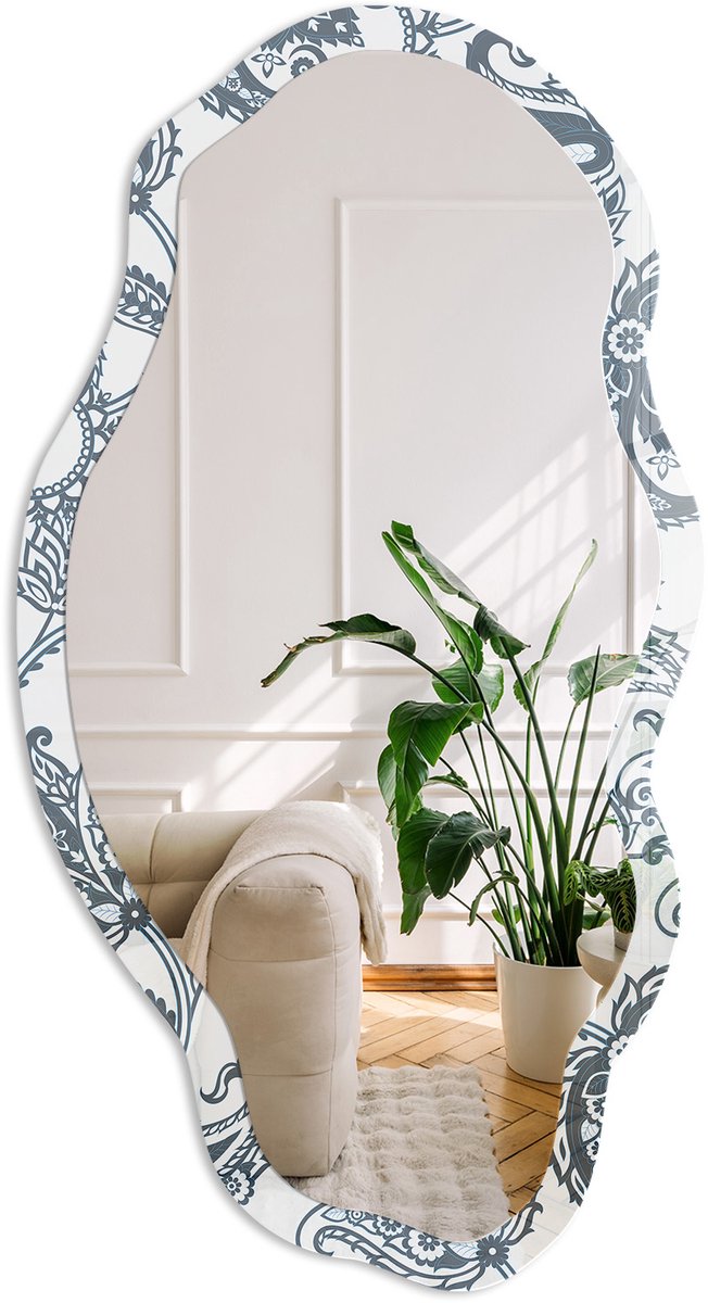 Coloray Elegante Ornamenten Spiegel - Grijs Strakke Rechthoekige Spiegel - Organische Spiegel - Woonkamer - Boho - 45x90 cm - Totale afmeting 52x97 cm