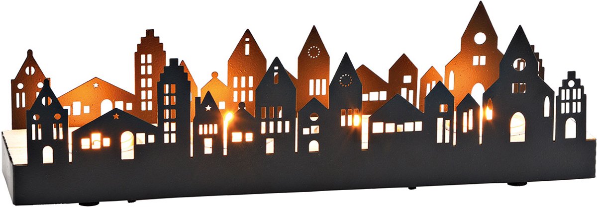 Theelichthouders set van 4 van metaal, zwart hout (B/H/D) 19x8x8cm