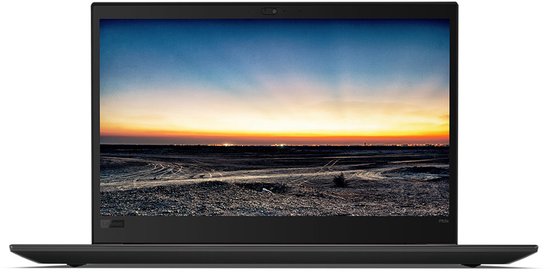 Zwarte Lenovo ThinkPad laptop met een landschap van zonsondergang op het scherm.