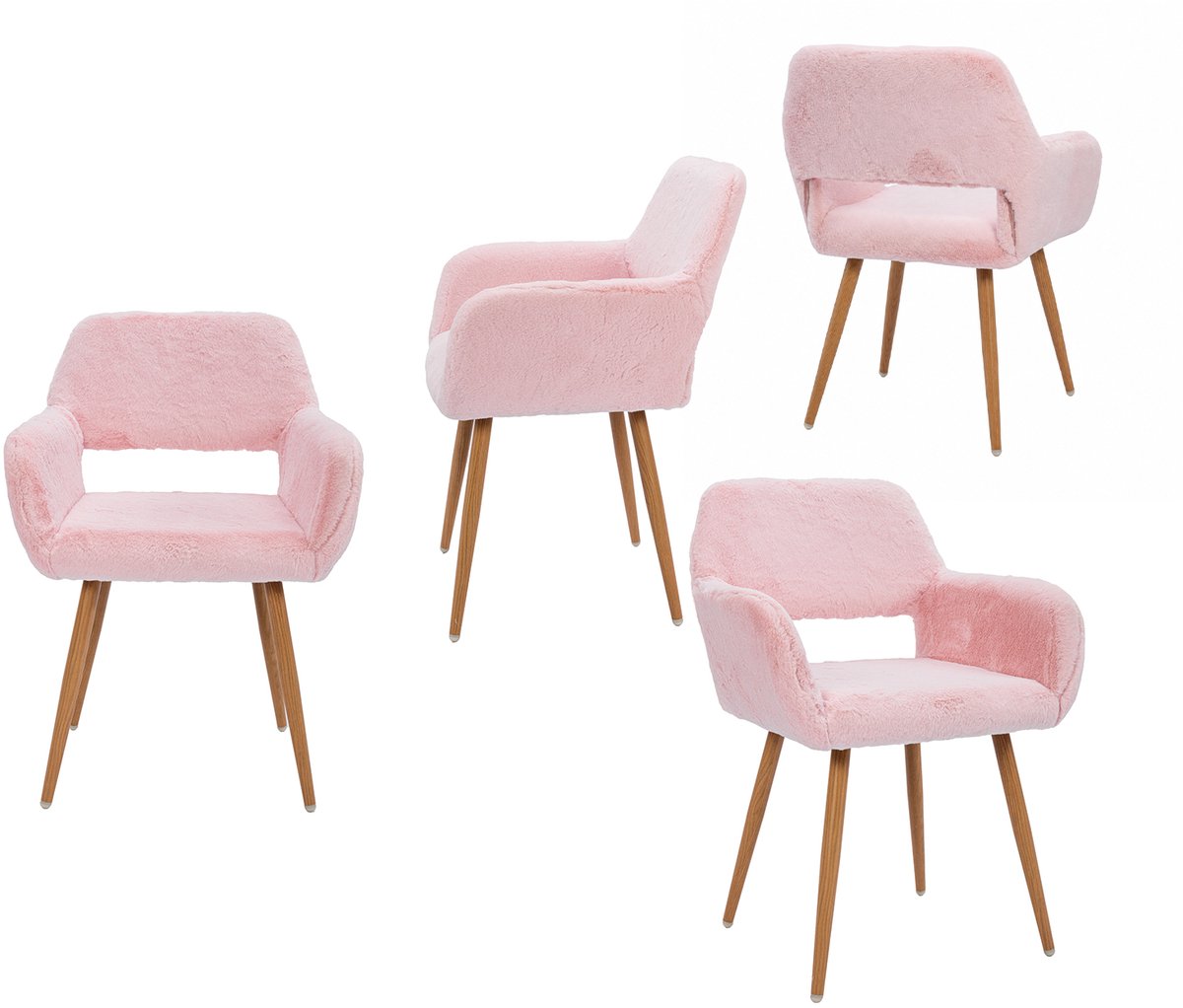 Luxe Eetkamerstoel - Set Van 4 met Teddy Stof en Open Rug - Roze