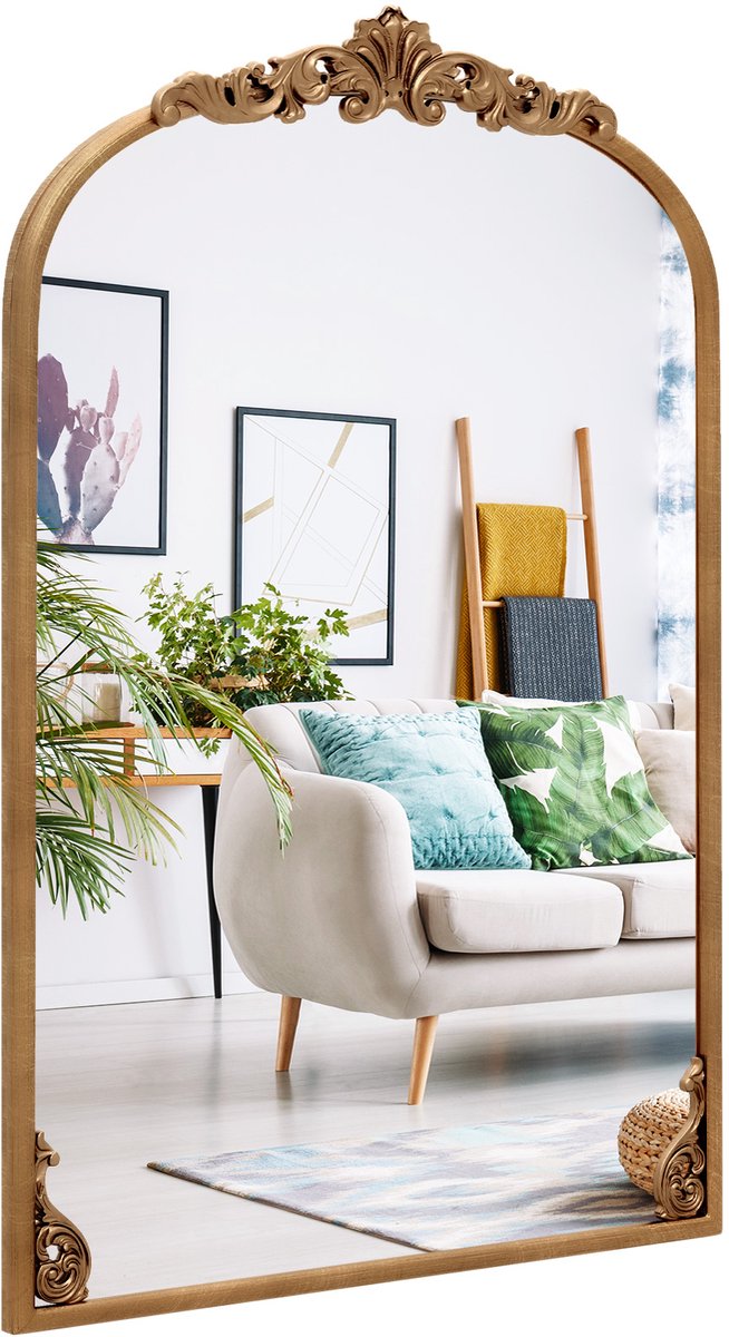 COSTWAY Barok spiegel goud, 61 x 90 cm, wandspiegel boog met metalen frame, antieke decoratieve spiegel voor open haard, woonkamer en entree