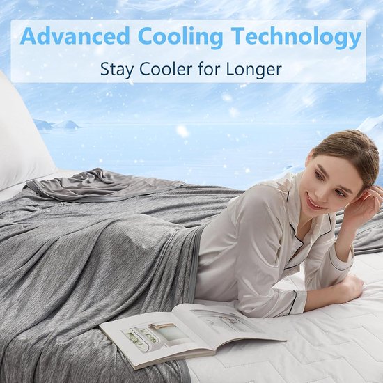Vrouw ligt op bed, gedrapeerd in een grijze verkoelende deken. Tekst: 'Advanced Cooling Technology. Stay Cooler for Longer'.