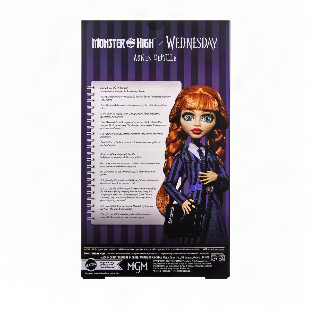Monster High x Wednesday verzamelpop - Agnes DeMille met paars uniform en accessoires — afbeelding 8