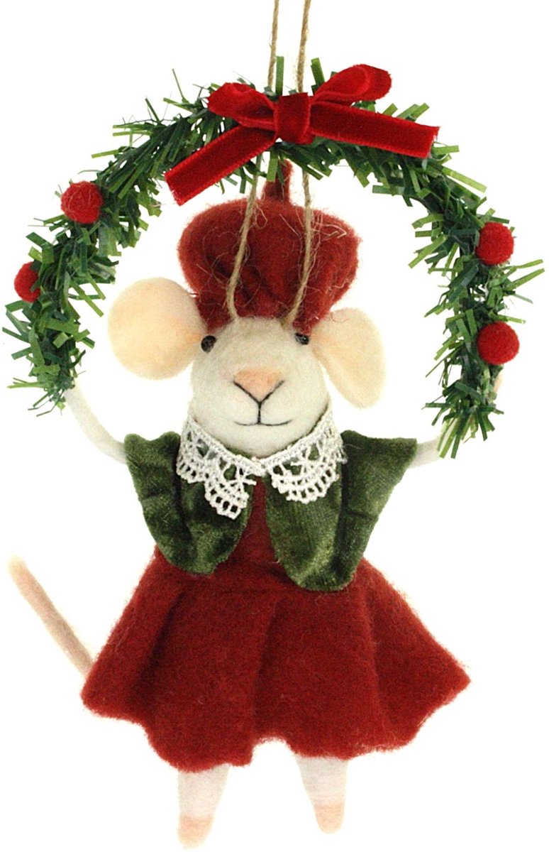 Muis met kerstboog in hand hangend vilt 9,5x6,5x15cm