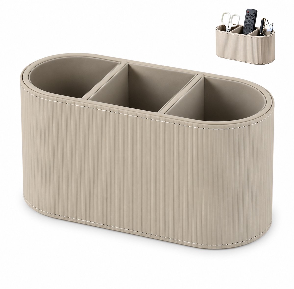 Bureau Organizer Kunstleer - Pennenbak, Bureau Opberger en Make-up Organizer met 3 Vakken, 22x10x10 cm, voor Kantoor Klaslokaal Bureau Woonkamer - Beige - Lemonmax