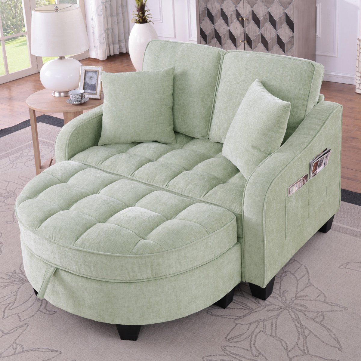 PHOEBE CAT Bank - Slaapbank - Inclusief 2 kussens - Met opbergvoetbank - Chenille-stof - Houten frame - Groen