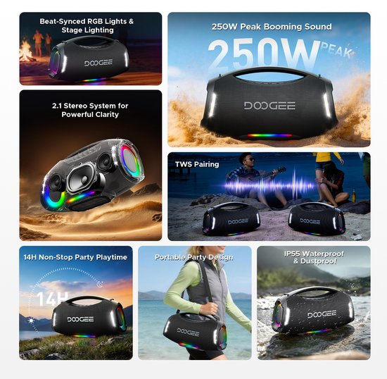 DOOGEE Wild Boom Pro - Bluetooth Speaker - Draadloze Bluetooth Speaker met Afneembare Draagriem - Waterdicht - Zwart — afbeelding 3