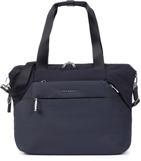 Donkerblauwe Hedgren laptoptas met twee hengsels en een afneembare schouderband. De tas heeft een voorvak met rits.