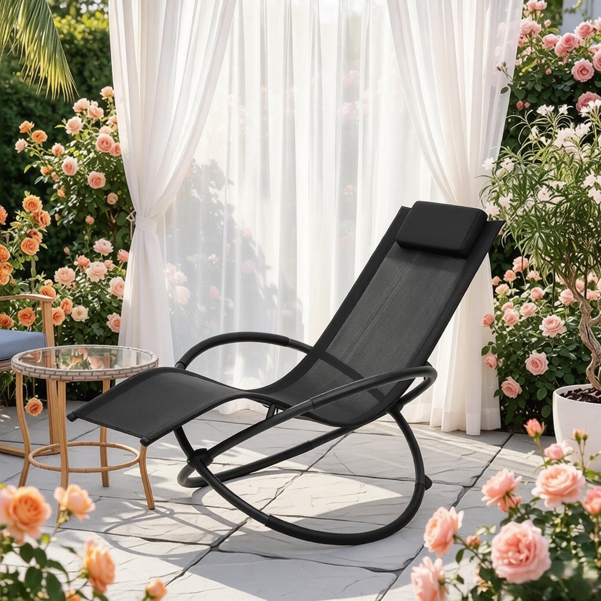 Chaise Longues Outdoor Recreational Ademende Schakelstoel Balkon Camping met Handlenen en Hoofdleuning Zonnebad - Zwart