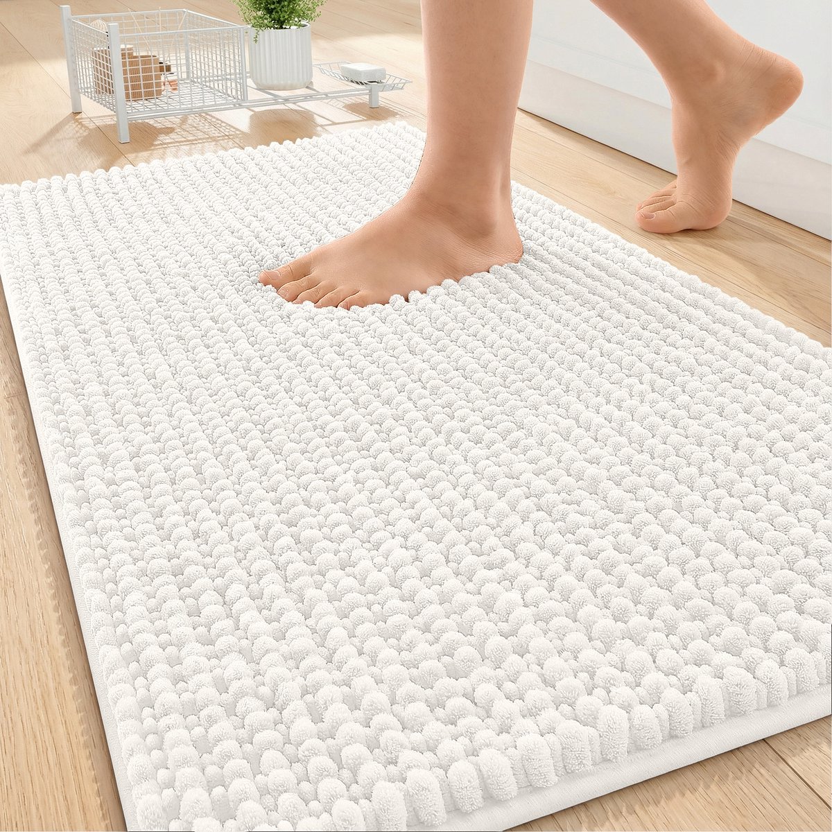 Olanly Badmat Antislip – Chenille Douchemat – Badmat Badkamer – Super Absorberend Deuropmat – Ivoorwit – 51X76cm