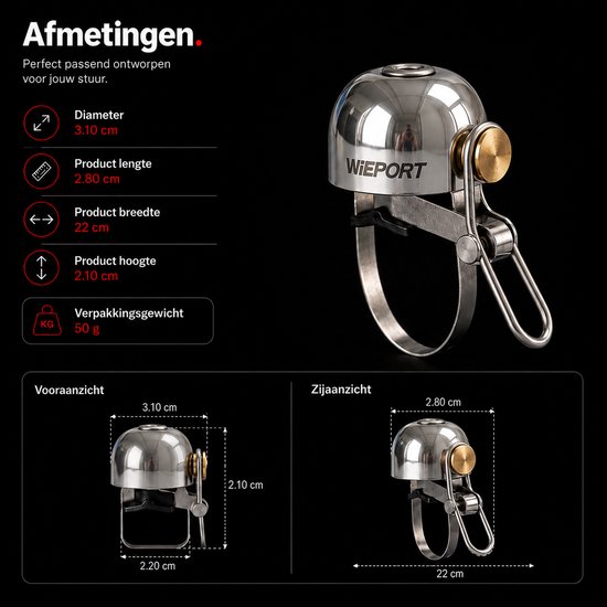 Zilveren fietsbel met gouden accent en duidelijke afmetingen.