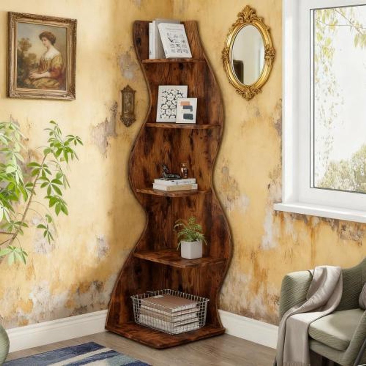 Wishdor Hoekboekenkast - 5 niveaus - Verstelbare planken - Open ontwerp voor woonkamer, kantoor en hal - Ruimtebesparend - Hout - Bruin - 182,5 x 50 x 50 cm