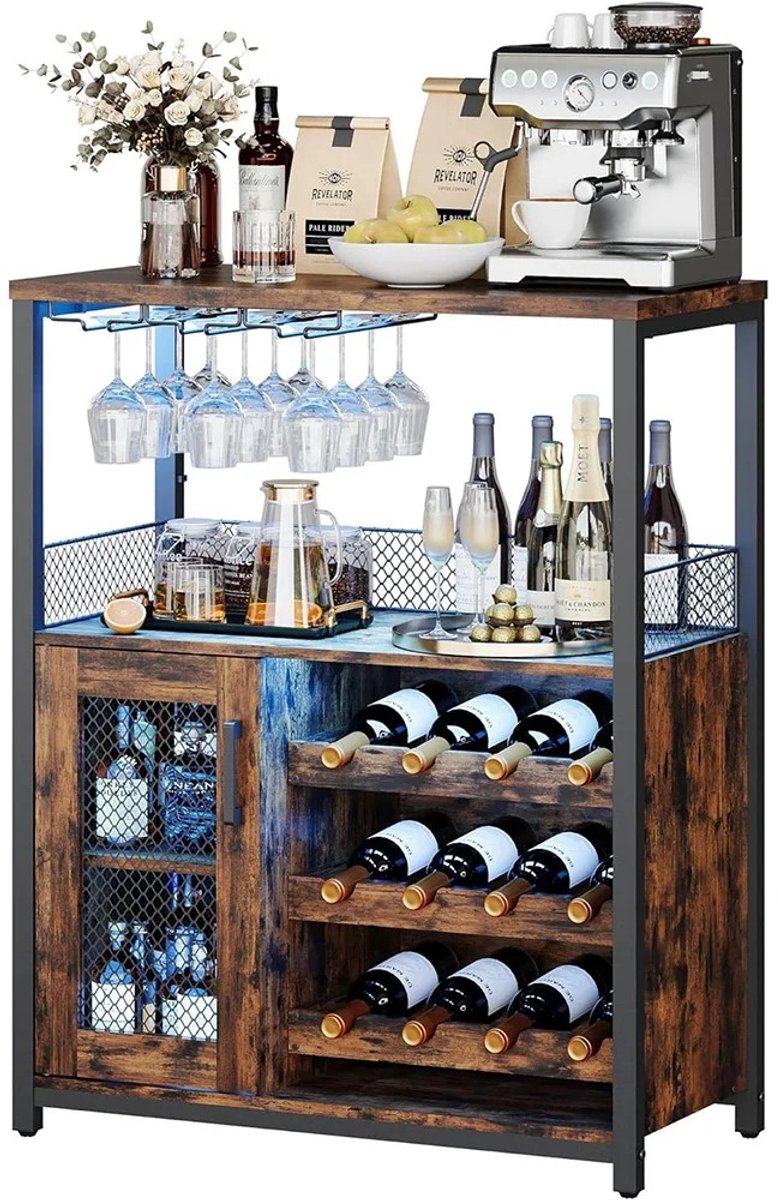 Reky Wijnkast - Keukenkast - Wijnrek - 7-kleuren LED - Glazen houder - Verstelbare flessenrek - 69 x 35 x 92 cm - Retro bruin
