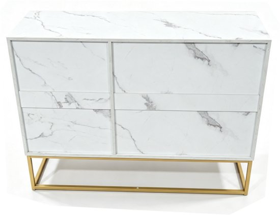 Wit marmerlook dressoir met gouden handvatten en gouden frame, van bovenaf gezien.