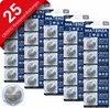 Verpakking van 25 Maxenza CR2032 knoopcelbatterijen, met 5 stuks per kaart. Batterijen zijn 3V lithium.