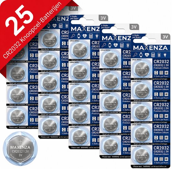 Verpakking van 25 Maxenza CR2032 knoopcelbatterijen, met 5 stuks per kaart. Batterijen zijn 3V lithium.