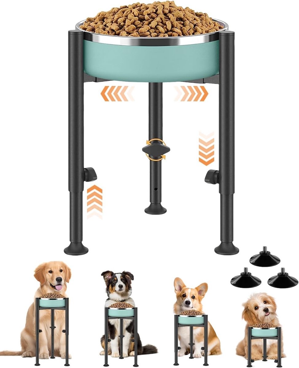 Verhoogde voerbak voor grote hond - Zilver - Verstelbaar 21,5-34,5 cm hoog en 15-26 cm breed - Metalen Voerbak met Antislip - Voor Kleine tot Grote Honden