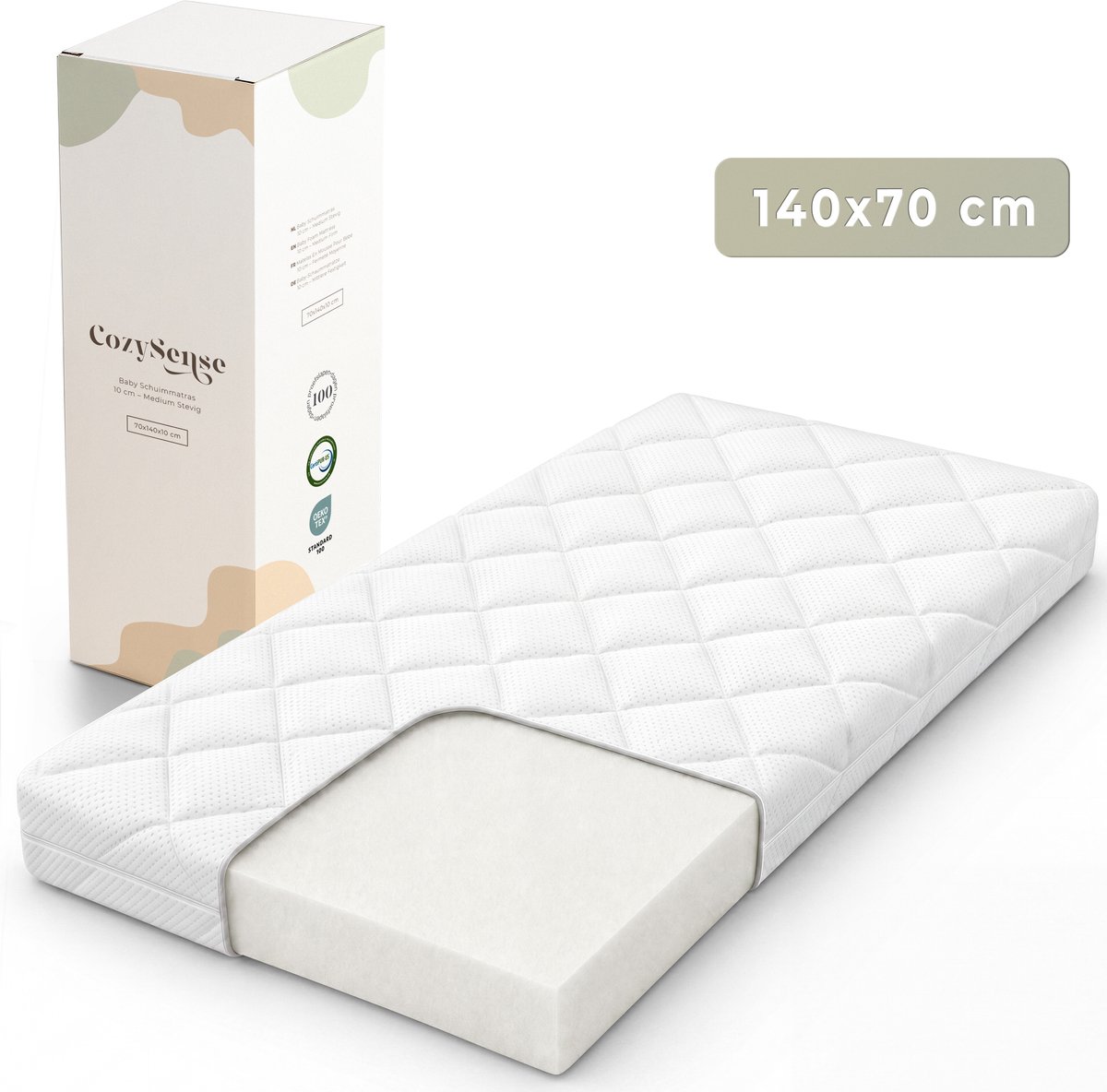 CozySense® Babymatras 70x140 cm – Ledikant Matras – Babymatrassen – Ademend Katoen – Afneembare Hoes – OEKO-TEX® & CertiPUR-US® Gecertificeerd – 10 cm