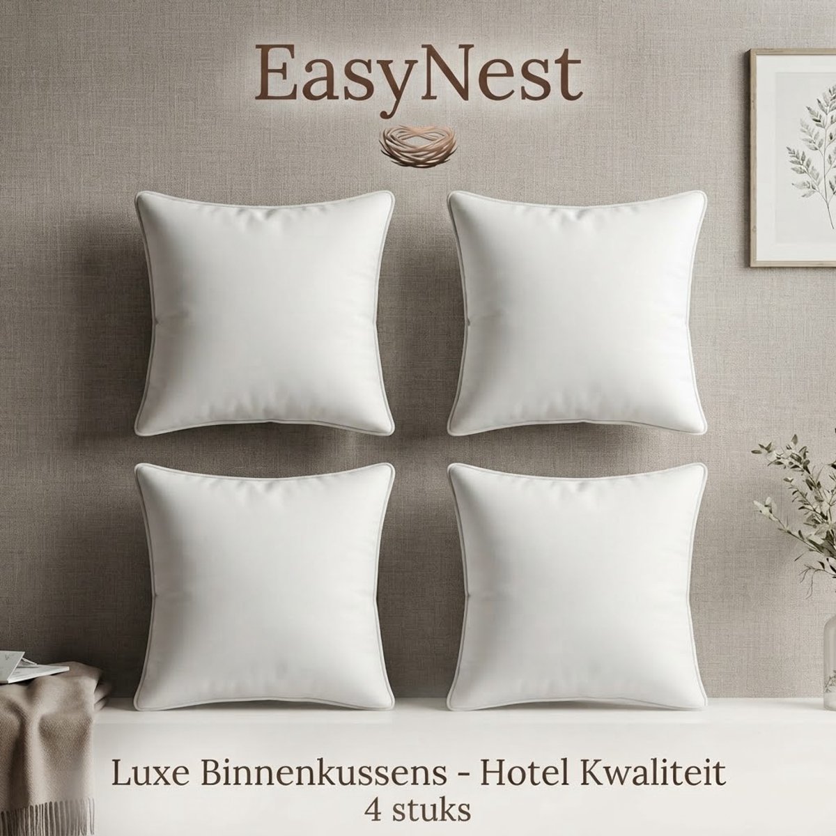 Set van 4 Kussenvullingen, 45 x 45 cm – Zachte en Pluizige Binnenkussens met Ritssluiting – Decoratieve Kussens voor Bank, Bed en Woonkamer