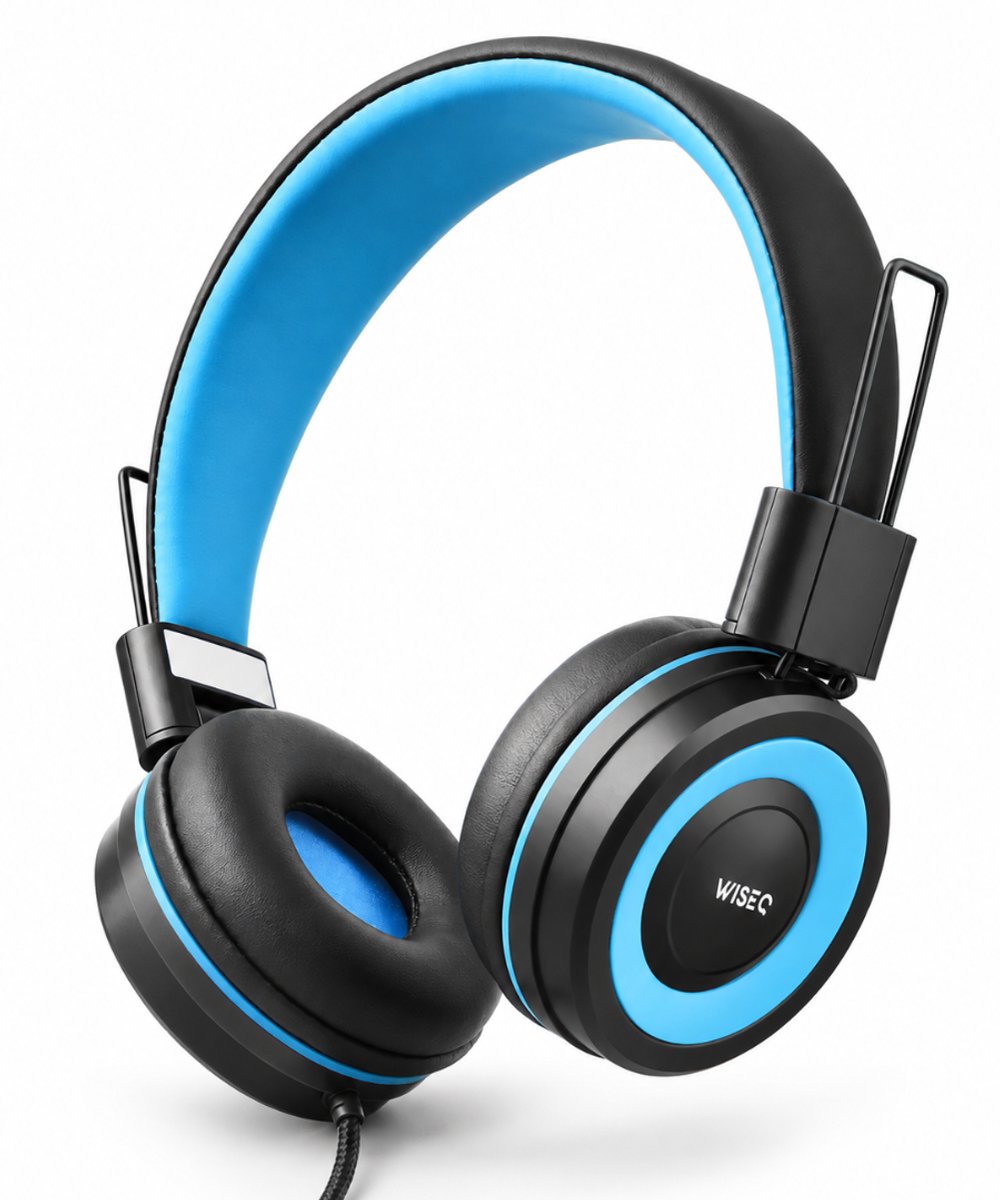 WiseQ - Koptelefoon voor Kinderen– Geluidsdempende Hoofdtelefoon – Verstelbaar - Volumebegrenzer – Microfoon – Met Draad – Zwart-Blauw