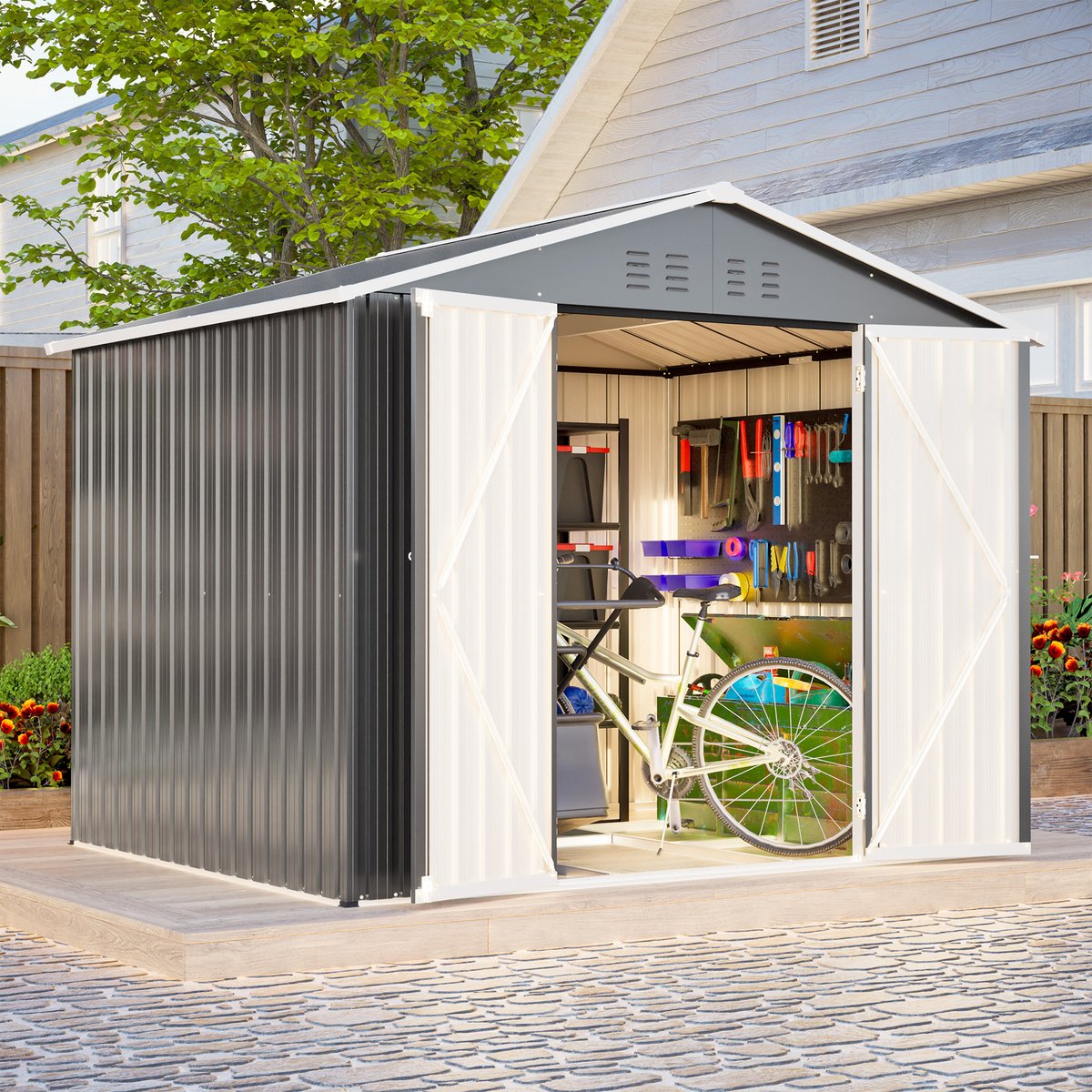 Desmiu Gereedschapsschuur – 229,4 X 180 X 191 Cm – Gegalvaniseerd Staal – Grijs – Tuinberging Voor Gereedschap En Fietsen – Zadeldak