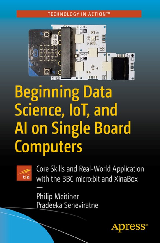 Livre 'Beginning Data Science, IoT, and AI on Single Board Computers'. Deux cartes mères en haut, avec texte et auteurs.