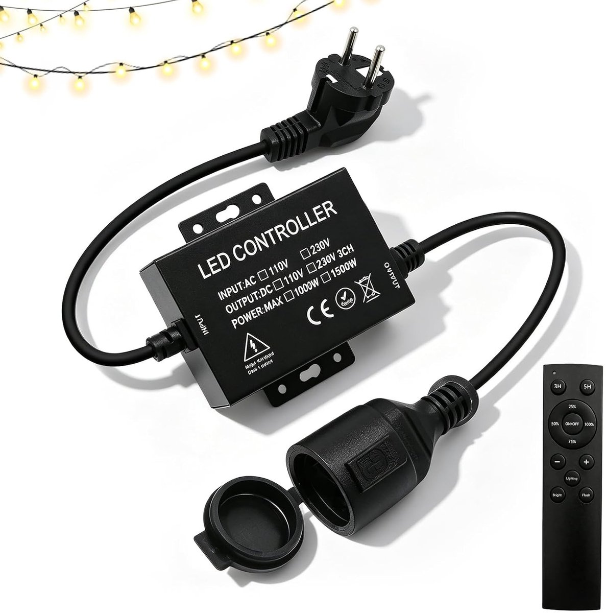 Ledsnoerdimmer met Afstandsbediening - Zwart - 95 x 85 x 25 mm - Plug-in Dimmer voor Ledlampen en Lichtkettingen