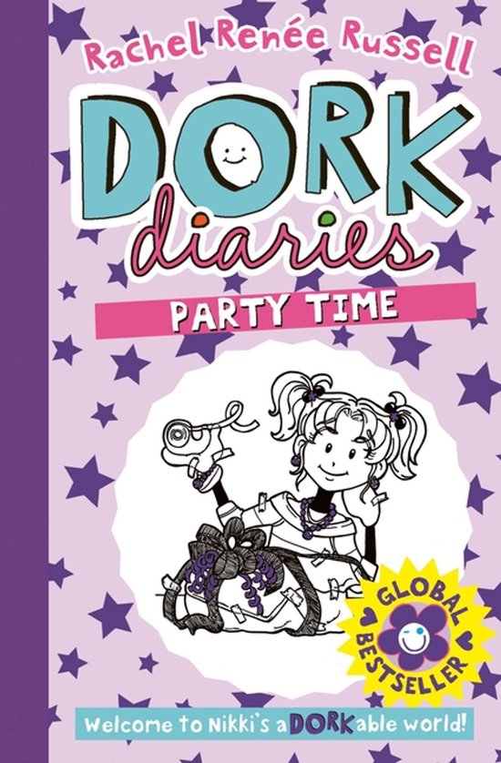 Dork Diaries Party Time, een boek van Rachel Renée Russell. Nikki viert feest met een paars thema en glitter. Wereldwijde bestseller.
