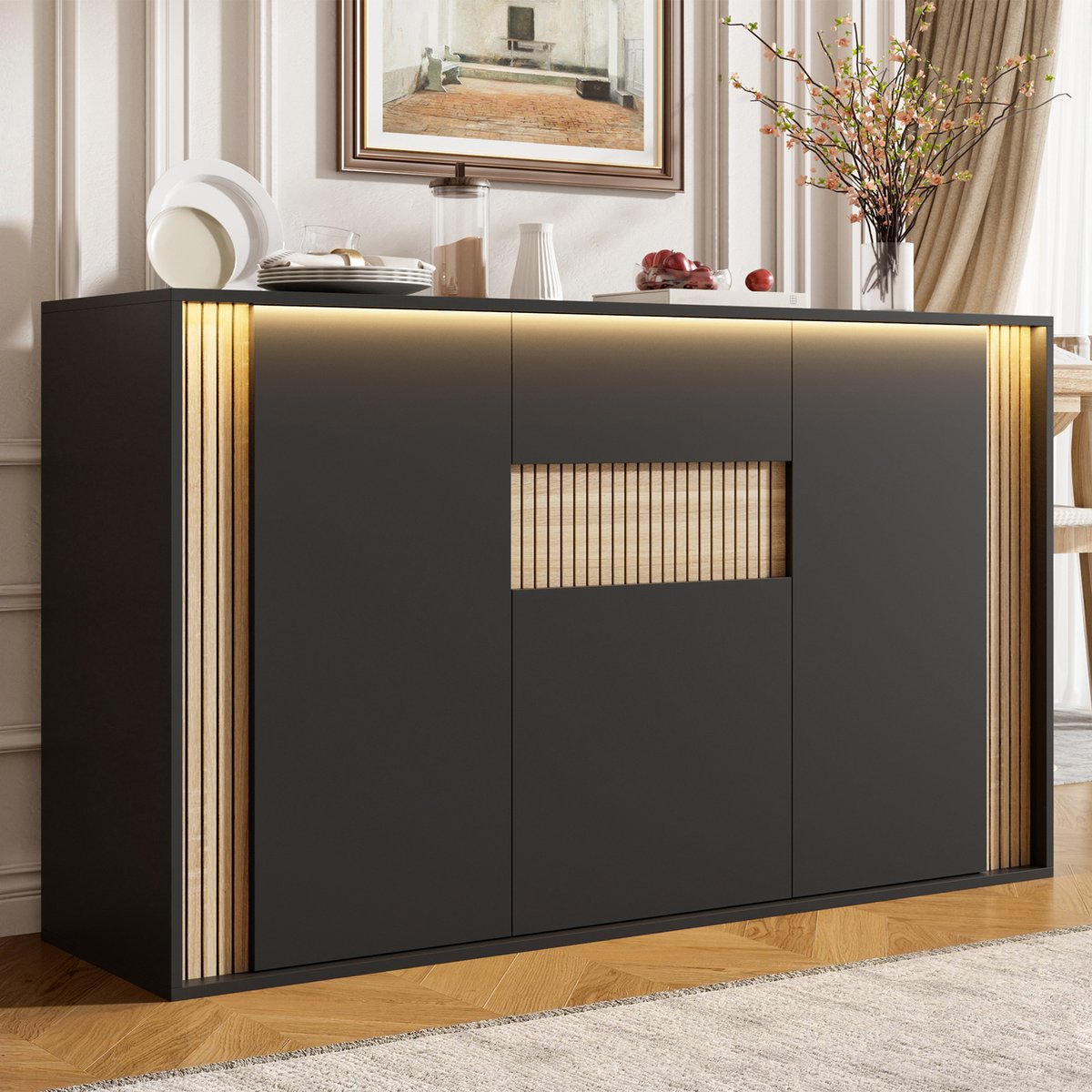 STILVORA Dressoir - 3 Deuren, 1 Lade En Verstelbare Ledverlichting - Voor Woonkamer, Hal Of Eethoek - Spaanplaat - 140x40x82 Cm - Zwart;Naturel