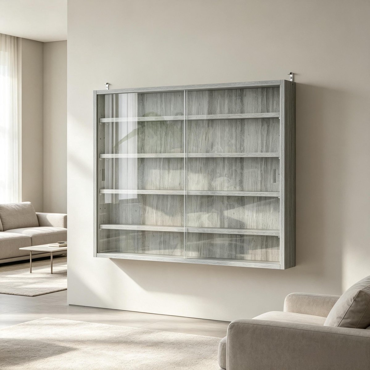 Wandvitrinekast - Met Glazen Schuifdeuren En 4 Verstelbare Planken - Voor Verzameling En Decoratie - Spaanplaat En Glas - Grijs - 80X9,5X60 Cm
