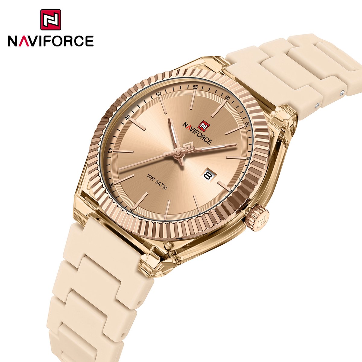 NAVIFORCE horloge met beige siliconen polsband, roze gouden wijzerplaat en beige horlogekast voor dames met stijl ( model 6117 RGBG )