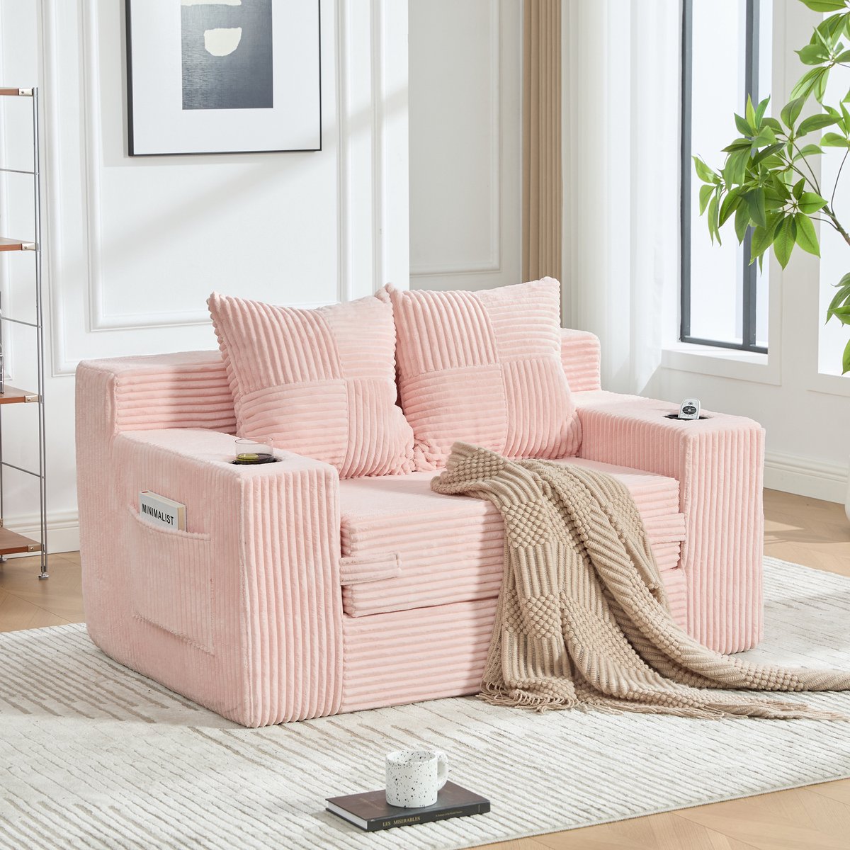 MIVRAY Slaapbank 2-Zits 151 x 133 x 64 Cm - Met 2 Kussens, Bekerhouder En Opbergvakken - Voor Woonkamer En Leeshoek - Corduroy Roze