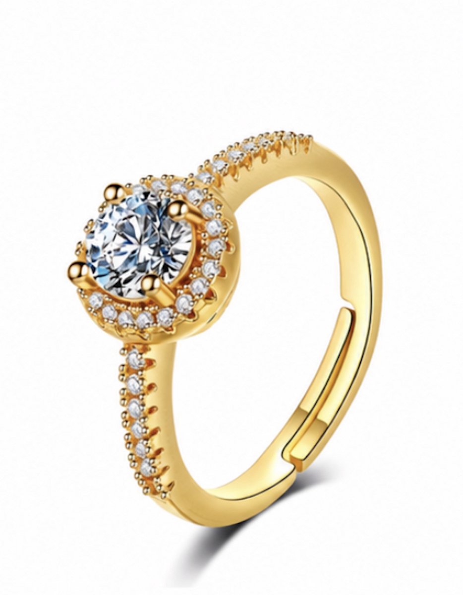 Verstelbare ring - Goudkleurig - Verguld - Dames Ring met zirkonia - Roestvrijstalen Ringen - Sieraden – Cadeau tip – Hip - Trendy
