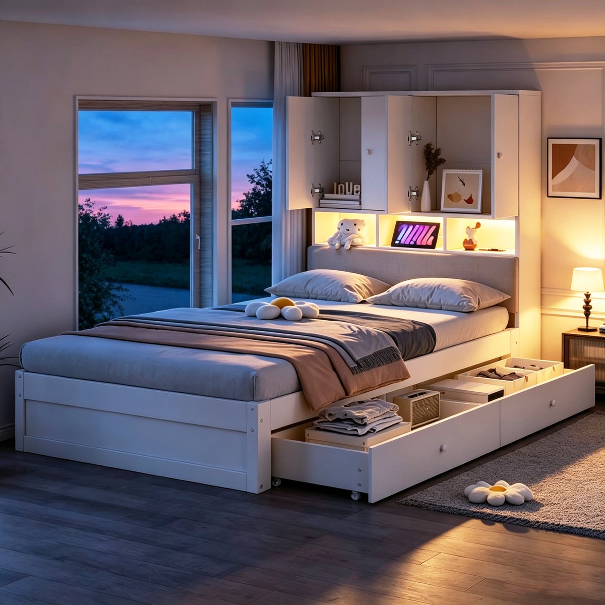 STILVORA Bed 90x200 cm – Eenpersoonsbed met LED verlichting en stopcontact – Hoofdbord met opbergruimte en lade – Voor volwassenen – Hout – Wit – Zonder matras
