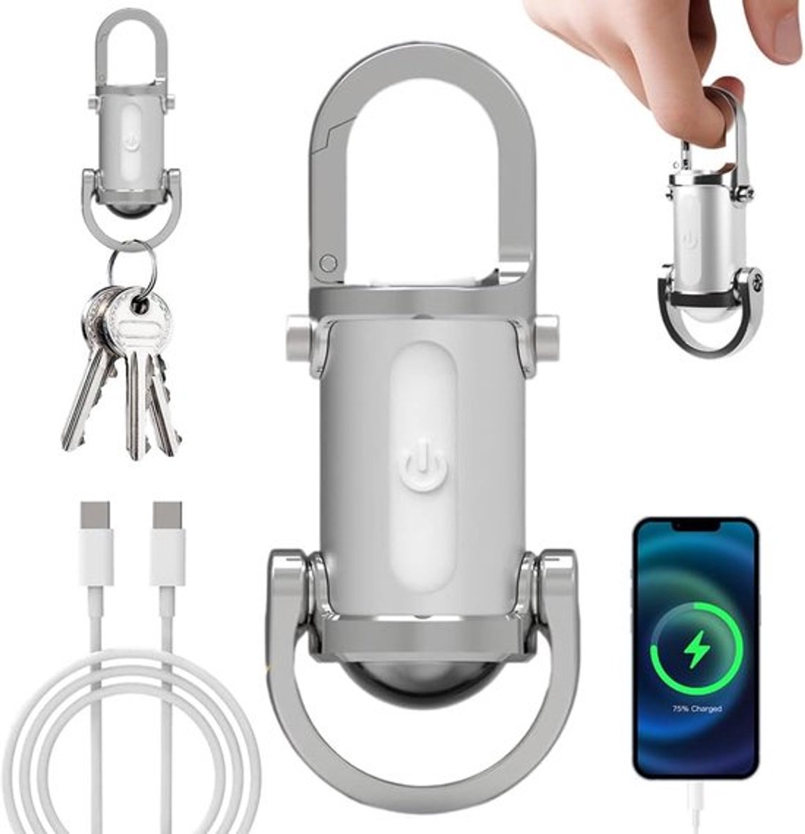 Mini waterdichte sleutelhanger zaklamp, 1200 lumen super heldere LED, draagbare zaklamp met powerbank en 8 standen, geschikt voor kamperen, wandelen en noodgevallen (zilver).