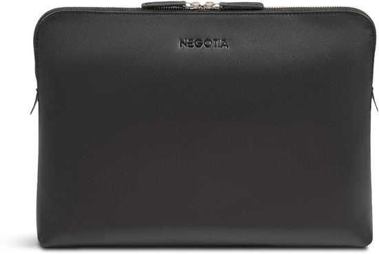 Donkergrijze leren laptoptas met zilverkleurige rits en 'NEGOTIA' logo.