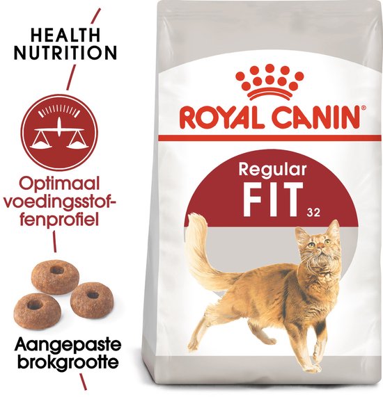 Een zak Royal Canin Fit 32 droogvoer met een oranje kat en drie brokjes.