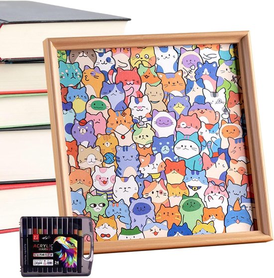 Houten puzzel met kattenmotief in lijst, met een doos van 24 acrylmarkers ernaast.