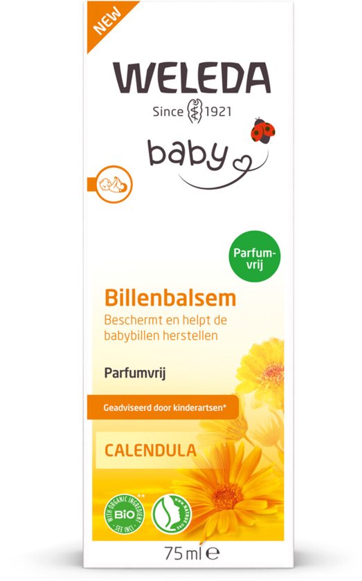 Verpakking WELEDA Baby billenbalsem met goudsbloemen en een "NEW"-sticker. Tekst "Parfum-vrij" in groen en "Calendula" in oranje.